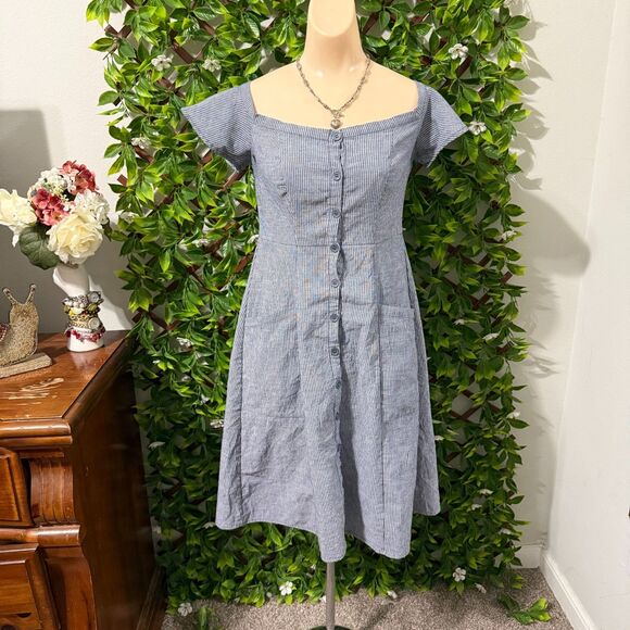 Cottagecore Dream: Off-The-Shoulder Pinstripe Blue Dress With Pockets - Picture 1 of 7